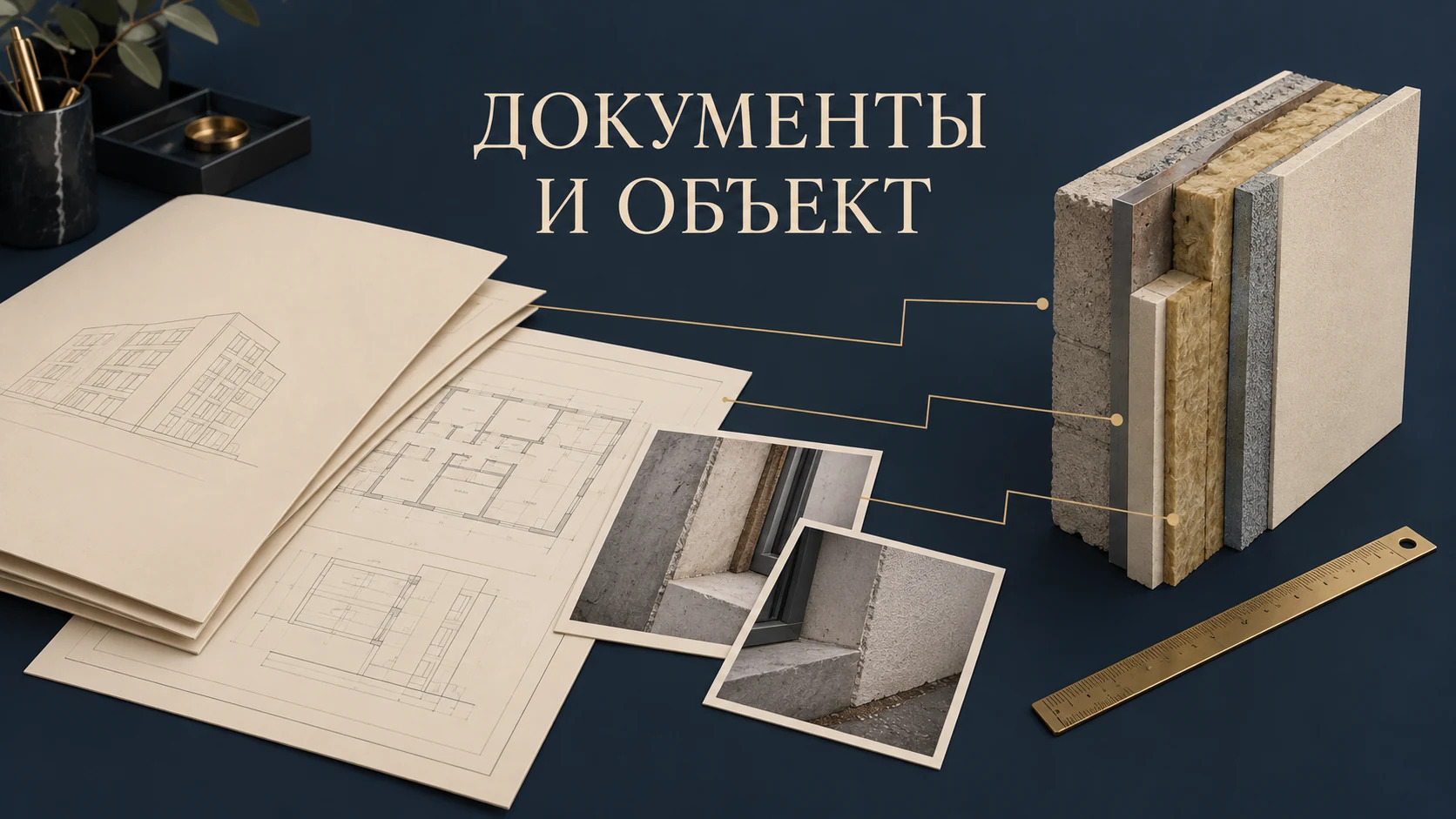 Концептуальная иллюстрация материалов для экспертизы: проектные листы, фотографии и модель слоя конструкции