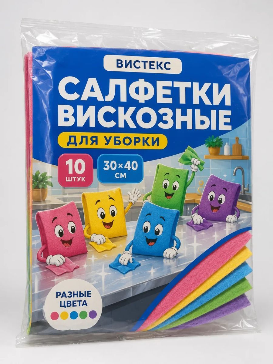 Концепт упаковки вискозных салфеток «Вистекс» для уборки с мультяшными салфетками-персонажами