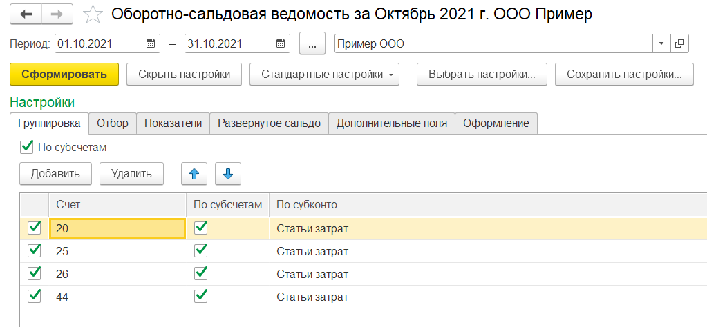 1С Комплексная автоматизация 2 и ERP: настройка группировок в оборотно-сальдовой ведомости