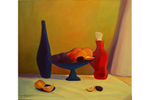 картина синяя бутыль красная ваза синяя фруктовница с фруктами