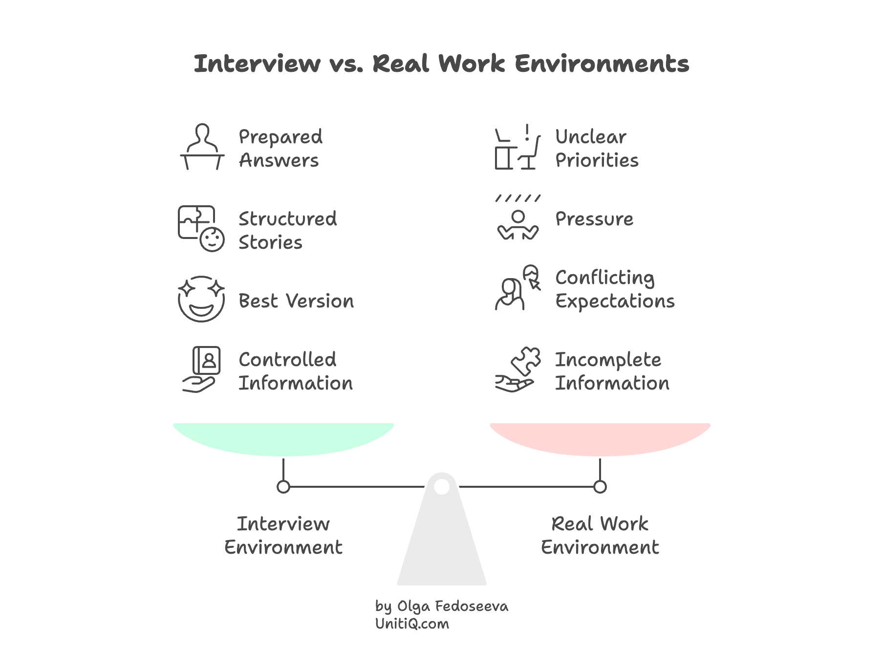 Comparison graphic showing why interviews fail to predict job performance: interview environments favor prepared answers, structured stories, a candidate’s best version, and controlled information, while real work involves unclear priorities, pressure, conflicting expectations, and incomplete information.