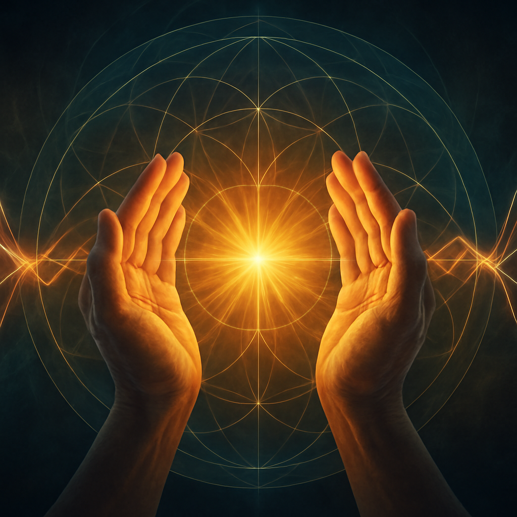 mani simmetriche che racchiudono un’energia luminosa armonica, circondate da geometria sacra e onde vibrazionali, simbolo di autodifesa energetica e risonanza con le frequenze sottili