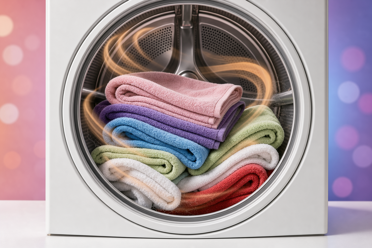 stacked soft towels inside a dryer mid-cycle with warm air flow indicated and fluffy texture visible, no products or labels