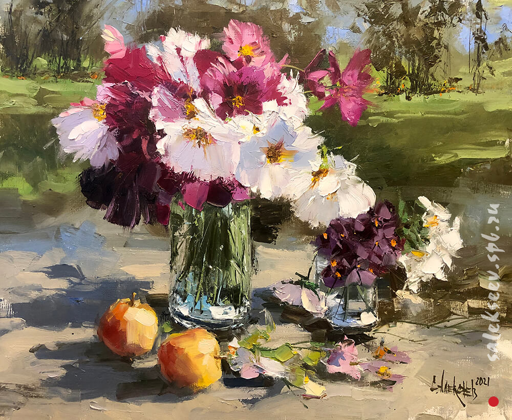 Still life with cosmos flower. Oil on canvas, 60x70 cm