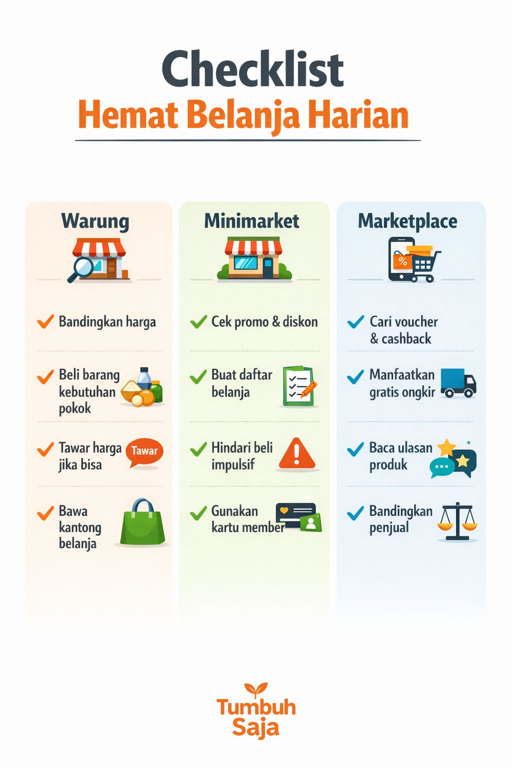 Checklist hemat belanja harian di warung, minimarket, dan marketplace untuk rumah tangga di Indonesia