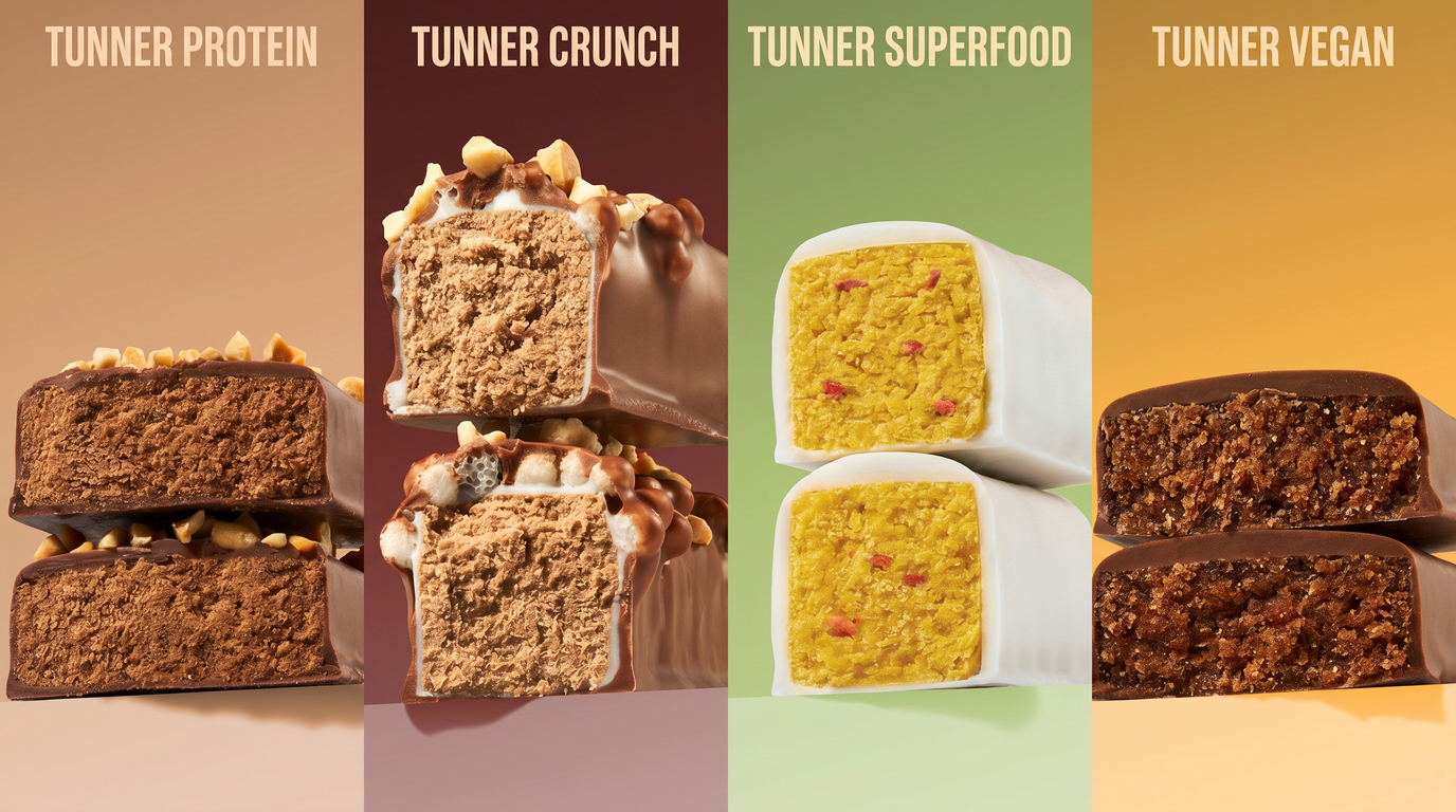 Сравнение текстуры и состава четырех видов протеиновых батончиков Tunner: Protein, Crunch, Superfood, Vegan