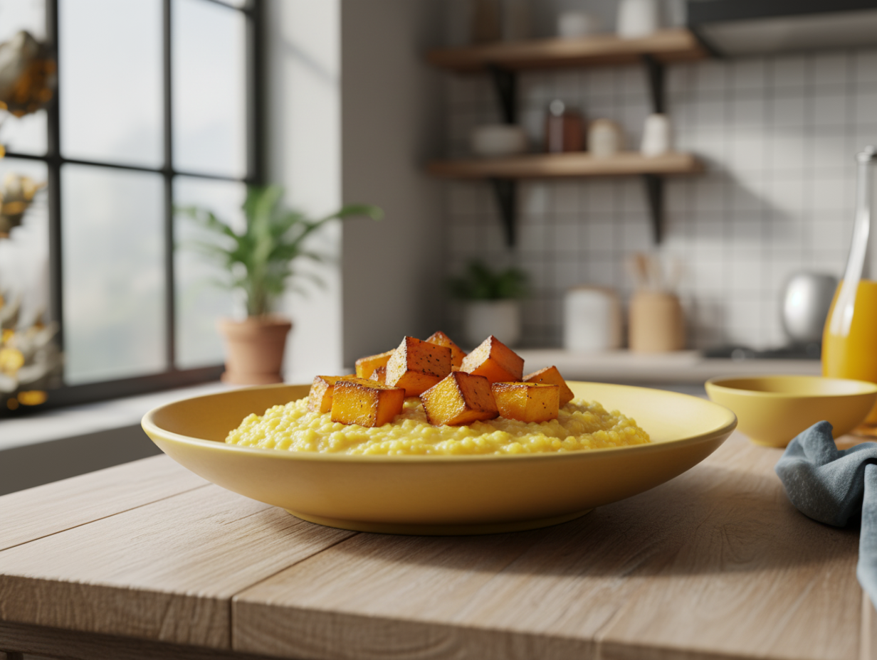 Тарелка с золотистой пшённой кашей с кусочками тыквы, политая мёдом и посыпанная орехами.