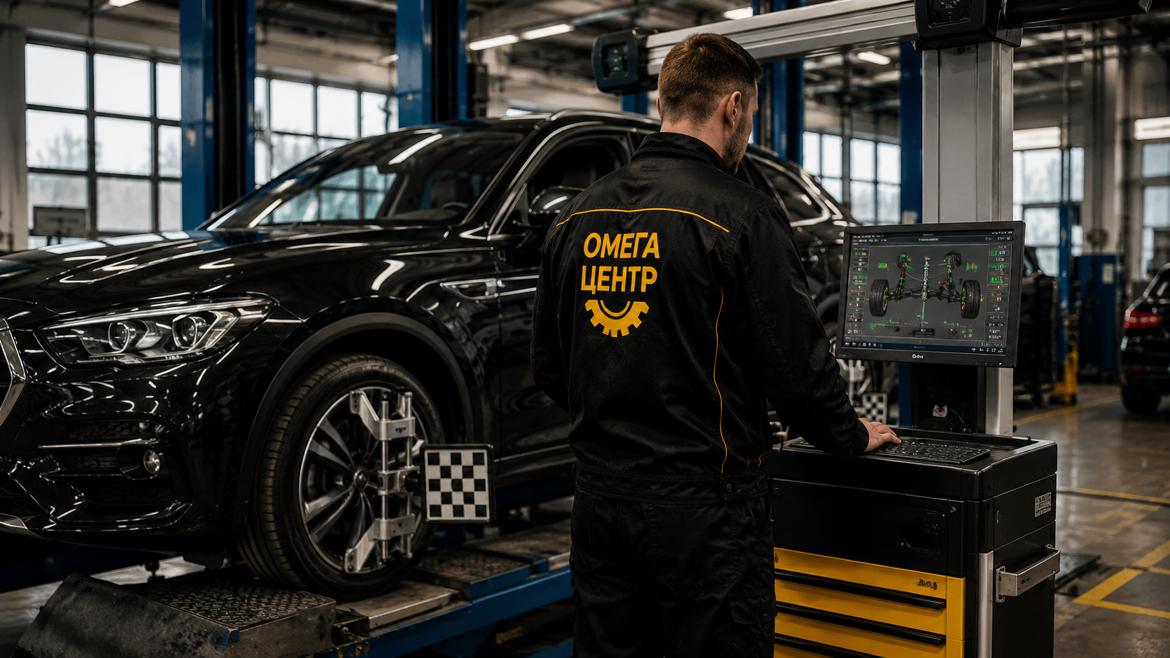 Мастер Омега Центр выполняет сход-развал автомобиля на 3D-стенде