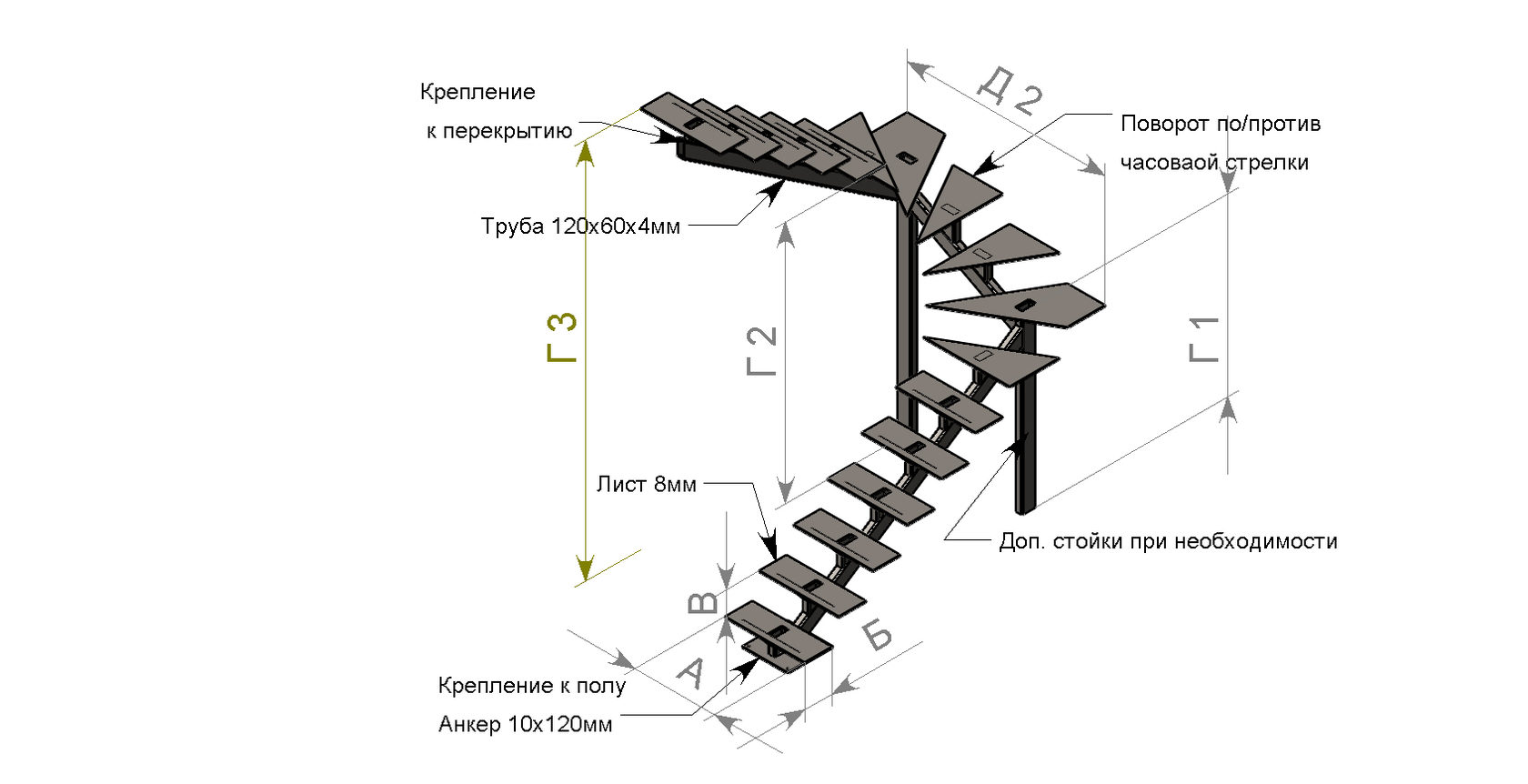 Чертёж лестницы с забежными ступенями из металла 180