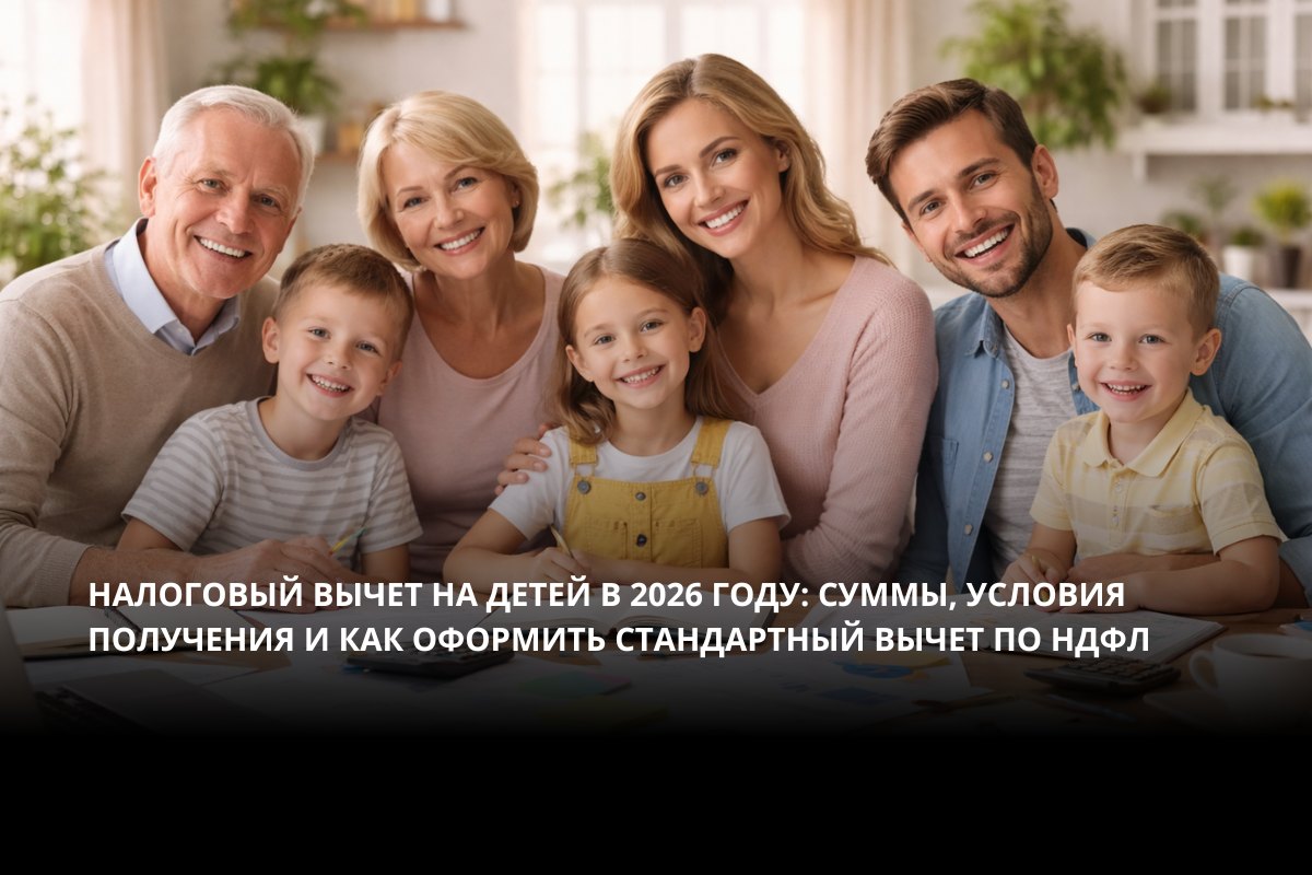 Семья с тремя детьми, бабушкой и дедушкой — иллюстрация к статье о налоговом вычете на детей
