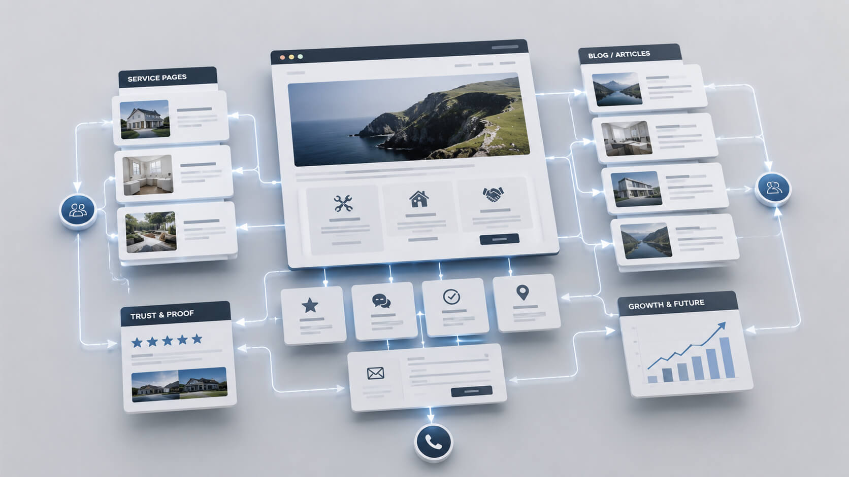 Abstract website structure showing strong service pages supported by connected blog articles