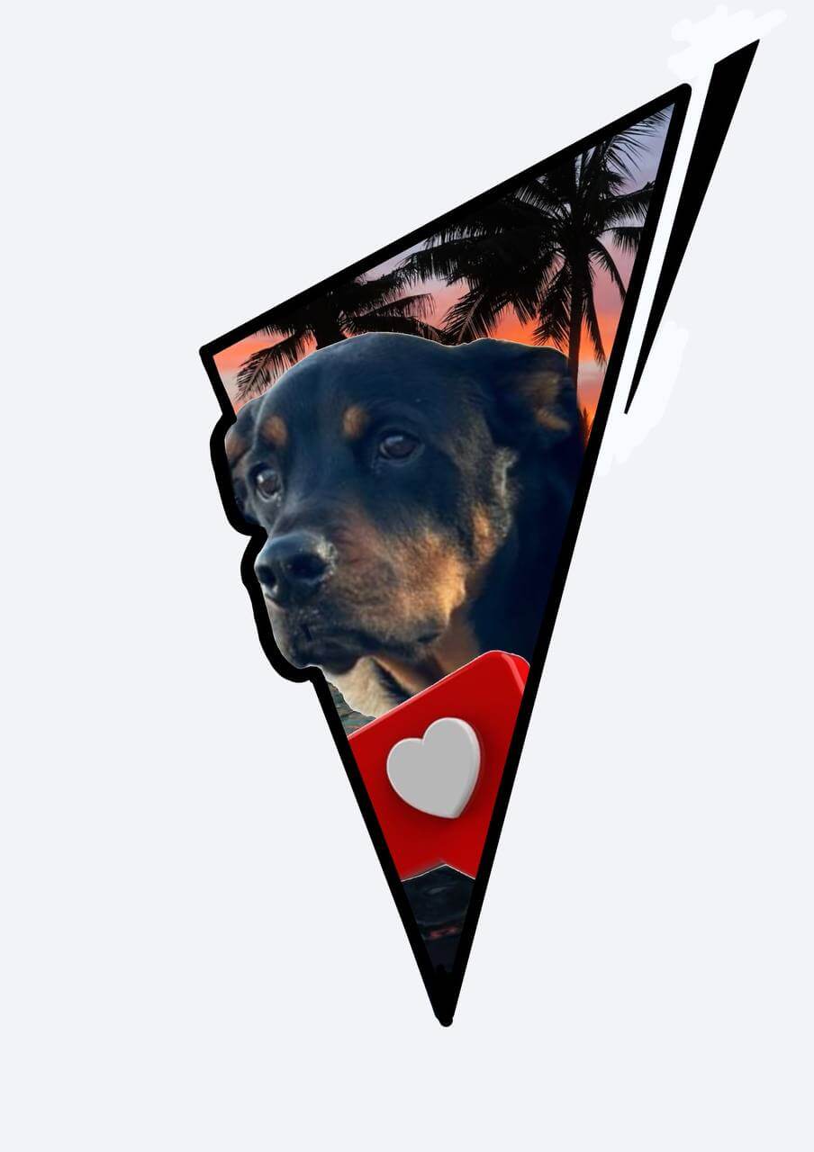 Artistic tattoo design featuring a portrait of a Rottweiler against a California sunset with palm trees, enclosed in a geometric triangle frame with a red heart symbol, Los Angeles