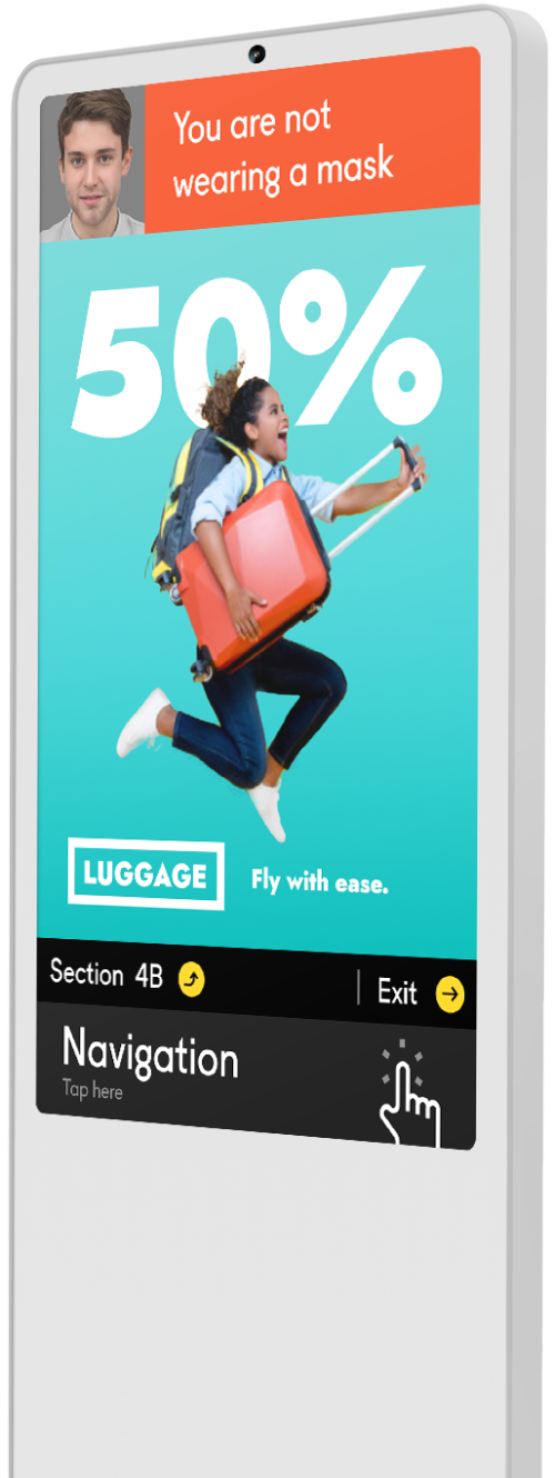 advertising kiosk with a girl who bought a suitcase with a 50% discount