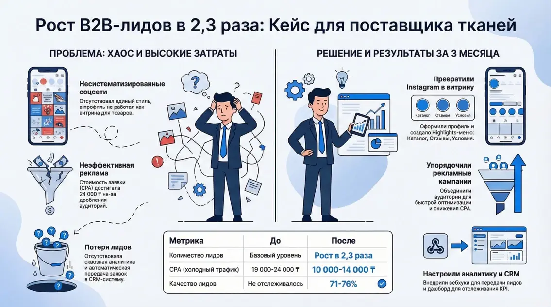 Инфографика: Рост B2b-лидов в 2.3 раза - Кейс для поставщика тканей