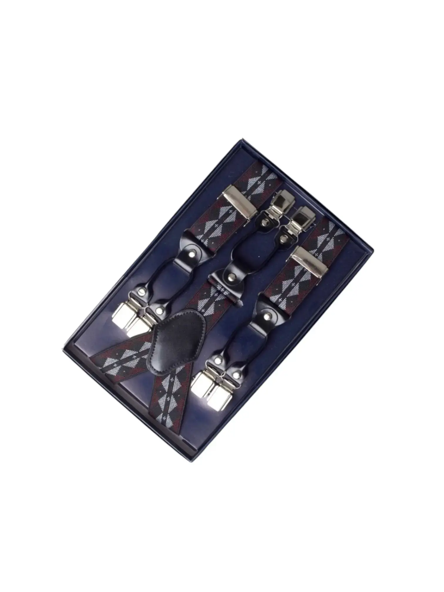 Эластичные Y-образные подтяжки для брюк с ромбовидным орнаментом, кожаными вставками и металлическими зажимами в синей коробке.