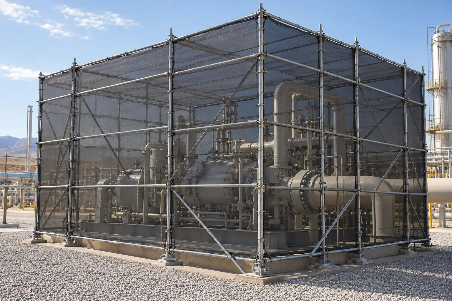 Каркас из строительных лесов вокруг блока подготовки газа
