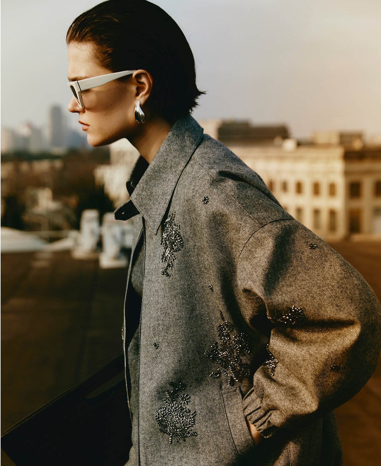 Isabelle Blanche Paris: herringbone wool bomber jacket with jewel embroidery