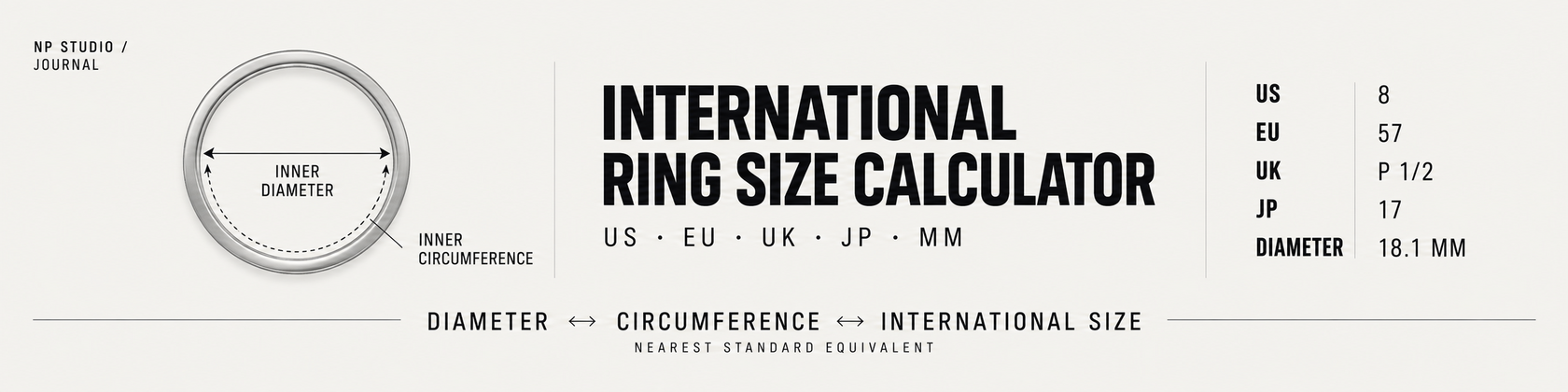 NP Studio international ring size calculator for RU, US, EU, UK, JP, diameter and circumference