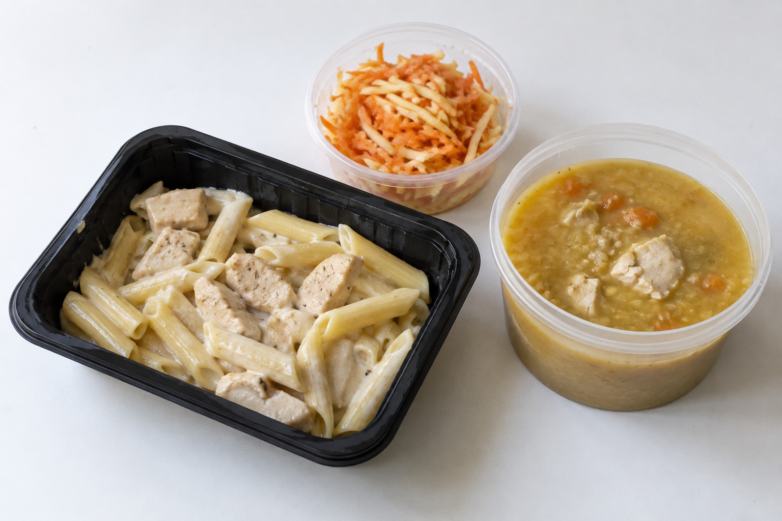 Пример обеда: Салат из моркови с яблоком, Суп гороховый с курицей, Курица в сливочном соусе, Макароны пенне
