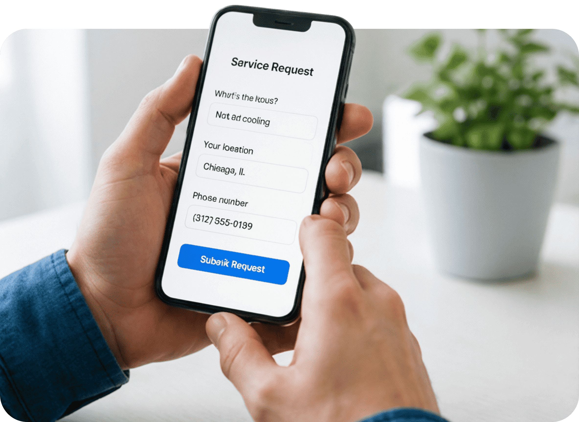 Person submitting a service request on phone or laptop