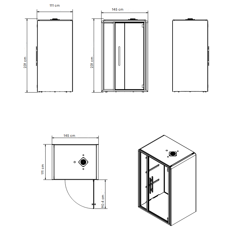 Technical drawing of two-person acoustic pod, 145 × 231 cm, door swing 90.4 cm