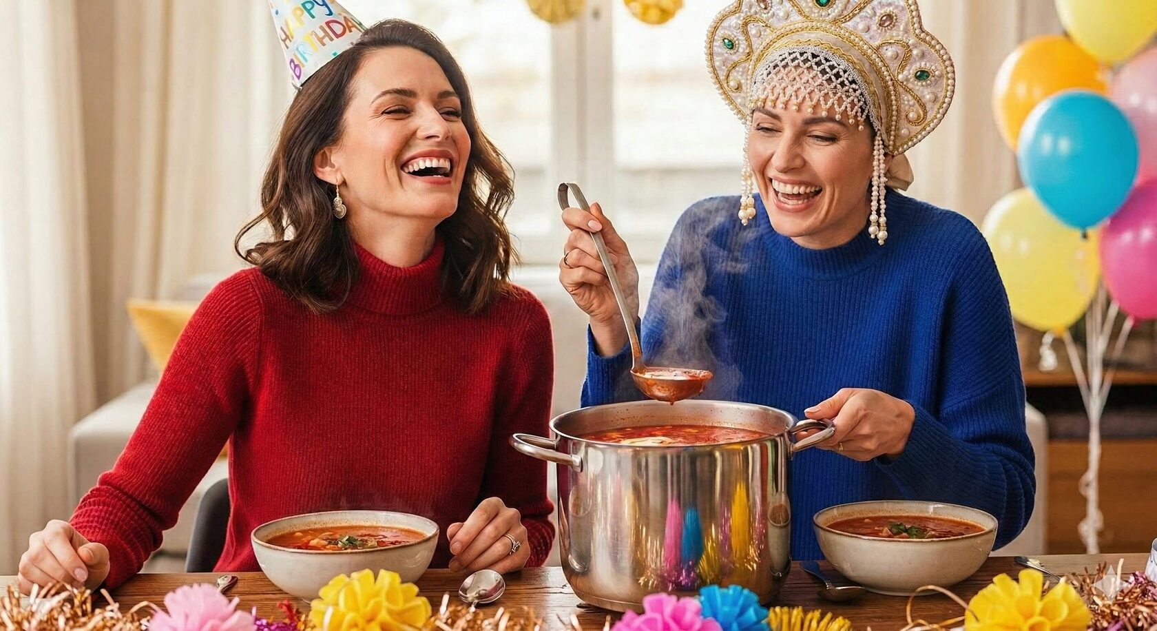 Две радостные женщины празднуют за столом. Женщина слева в красной водолазке и колпаке «BIRTHDAY» громко смеется. Женщина справа в синей водолазке и украшенном кокошнике наливает половником дымящийся красный суп из большой кастрюли. На заднем плане видны