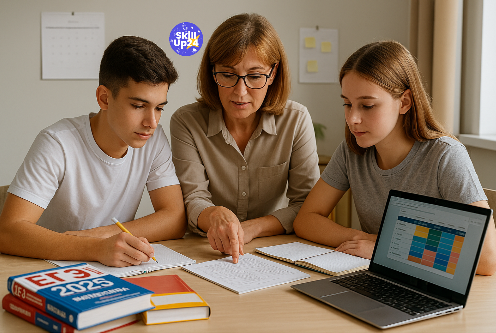 Двое старшеклассников 15–17 лет готовятся к ЕГЭ 2025 вместе с репетитором, сидят за столом с тетрадями, ноутбуком и сборниками, на стене календарь с датами экзаменов, спокойная учебная атмосфера и естественный дневной свет