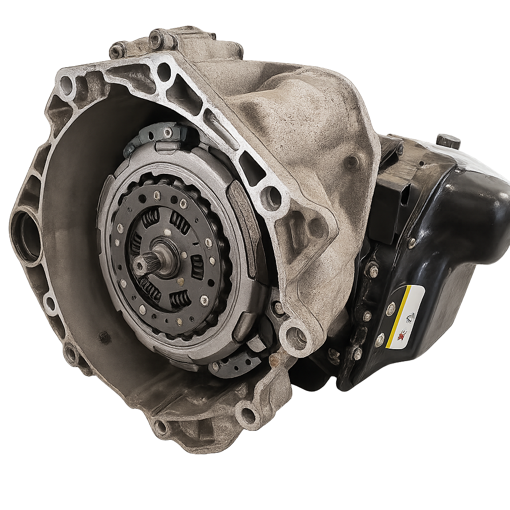 Мужчина проверяет коробку передач автомобиля с DSG DQ200, на заднем плане видны инструменты и диагностический ноутбук.