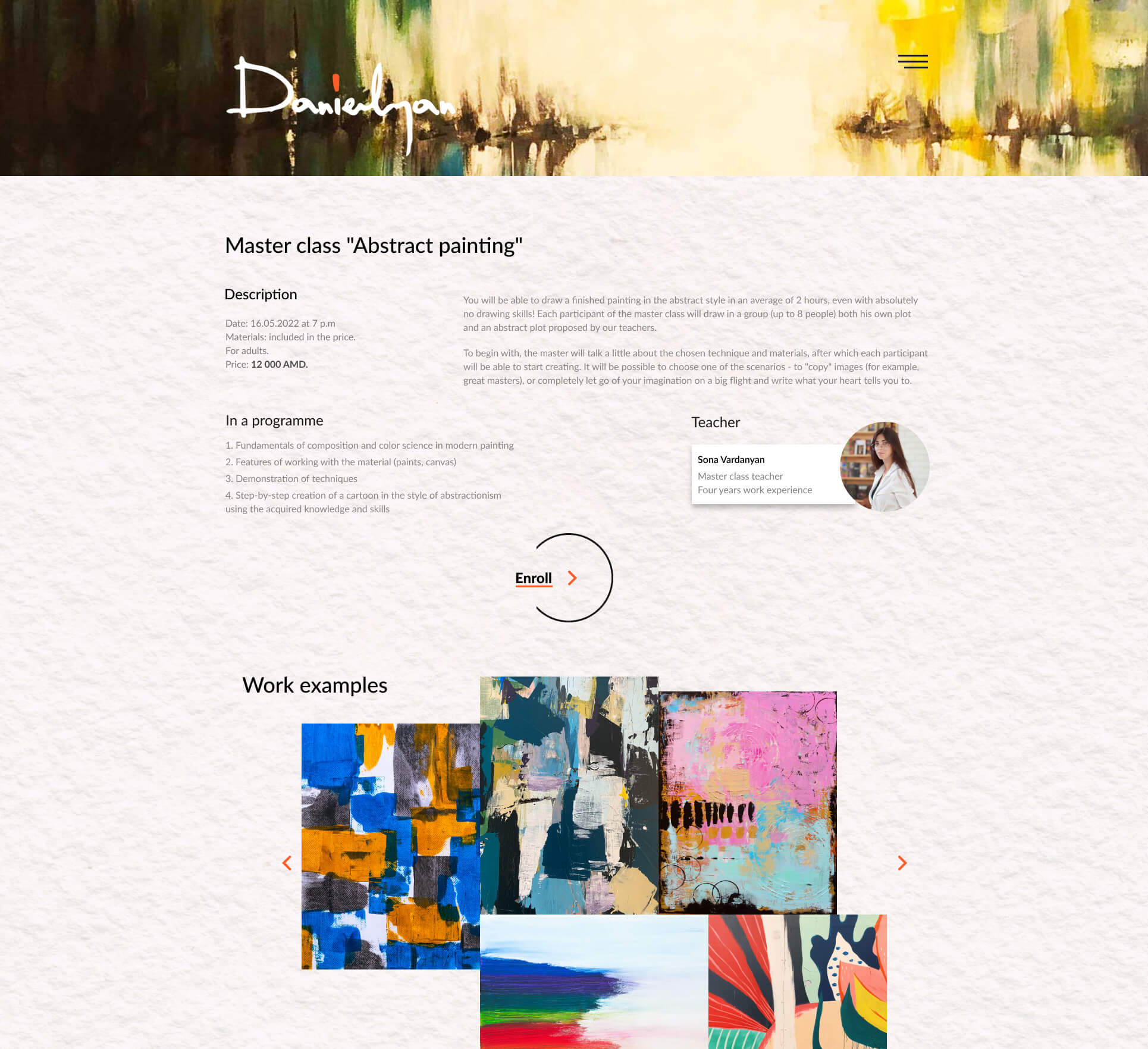 Мокап дизайна сайта арт студии Даниелян в Ереване. Разработка сайта в Тильда и Фигма. Десктопная версия.