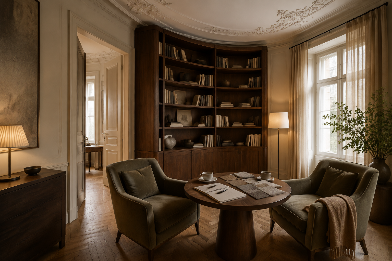 Wohnzimmer mit Sofa und Pflanze