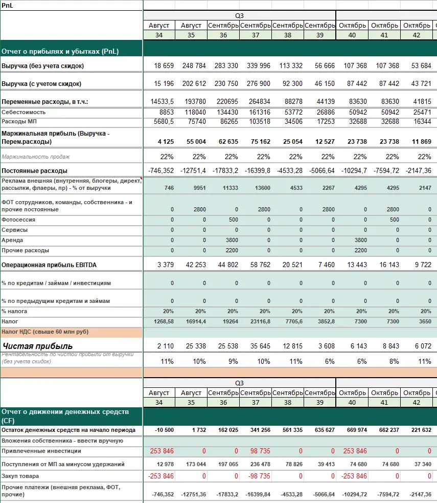 Пример финансового отчета P&L