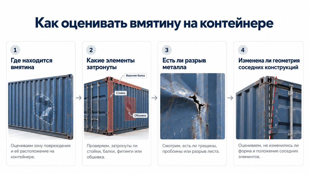 Схема оценки вмятины на морском контейнере: где находится вмятина, какие элементы затронуты, есть ли разрыв металла, изменена ли геометрия соседних конструкций