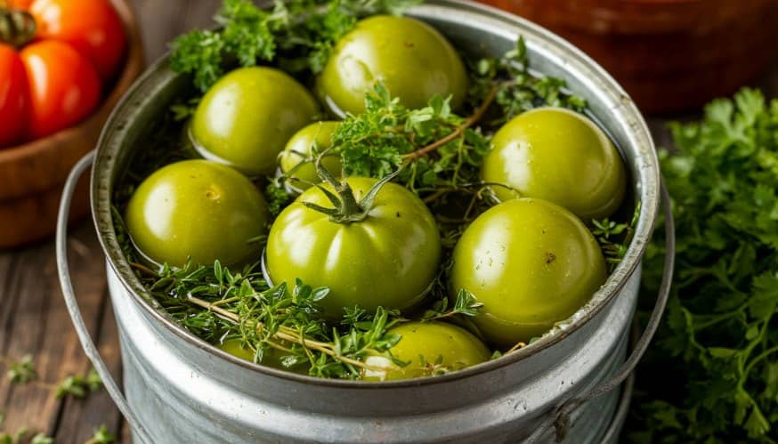 Квашеные зелёные помидоры по-деревенски в ведре