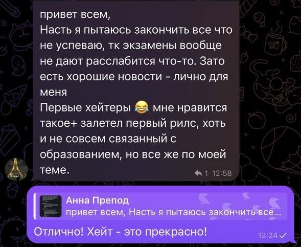 Скриншот переписки: первые хейтеры и залет рилса по теме преподавателя