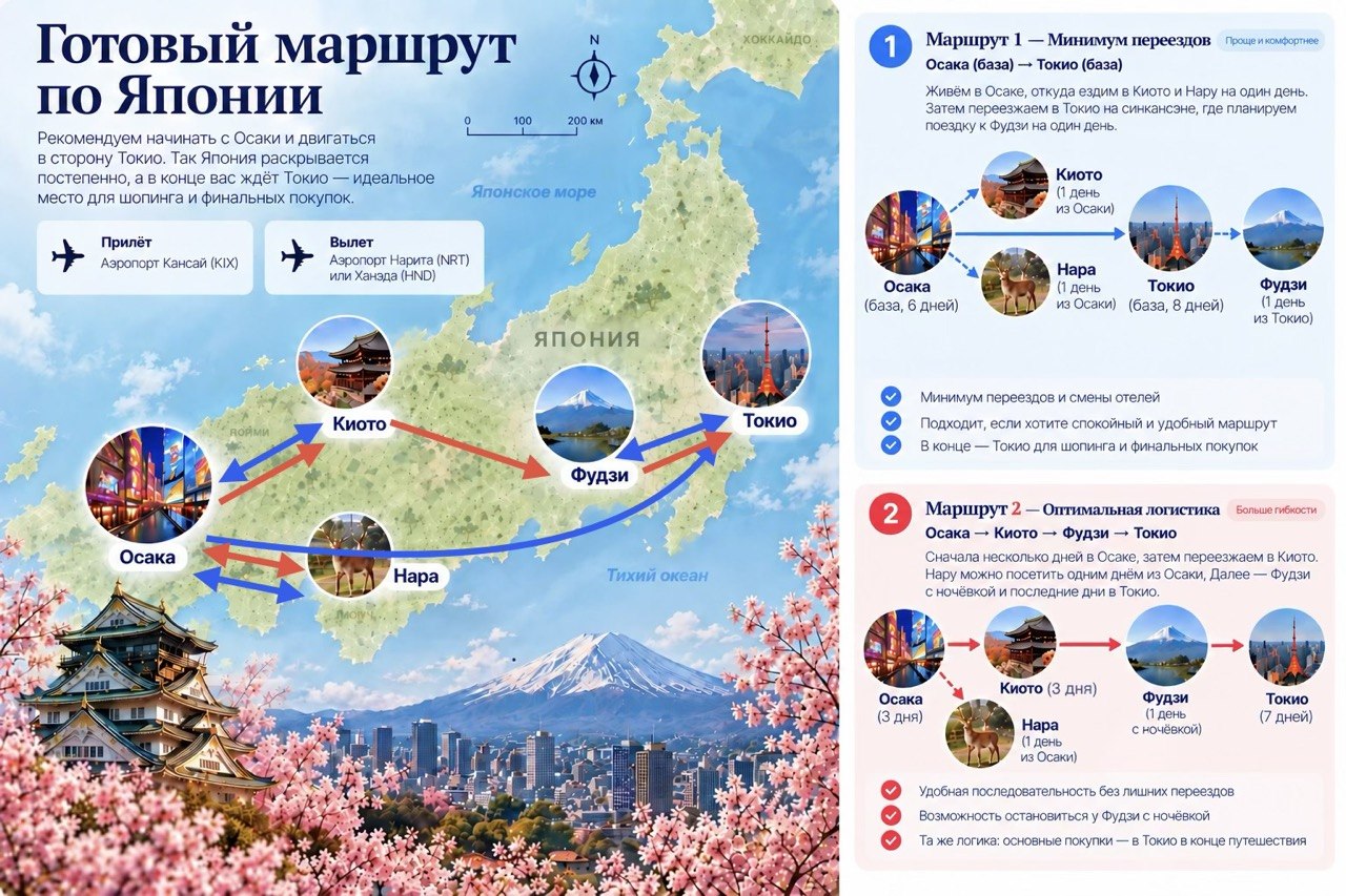 Два варианта маршрута по Японии: Осака, Киото, Нара, Фудзи и Токио. Синий маршрут с минимумом переездов, красный маршрут с ночёвкой у Фудзи.
