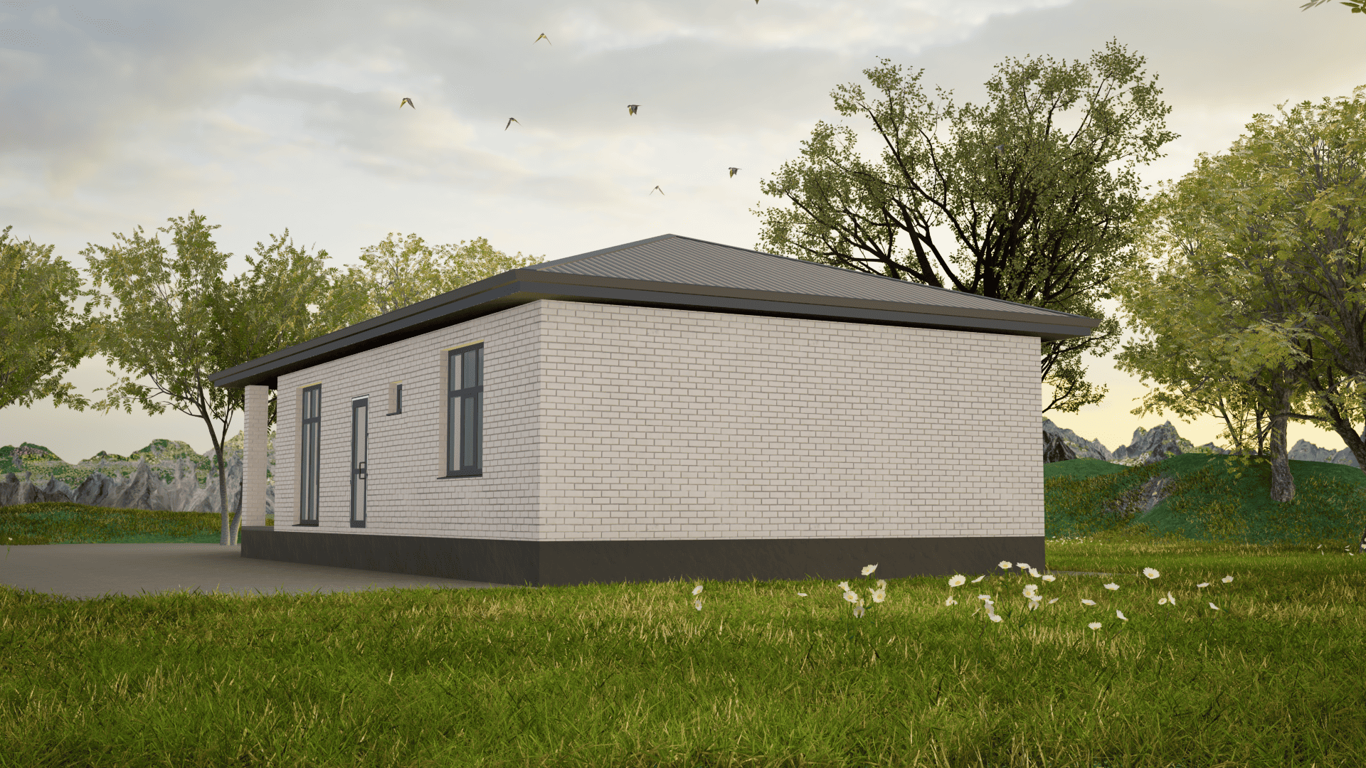 Одноэтажный дом в Ставрополе из белого силикатного кирпича с большой крытой террасой и темной кровлей цвета серый графит