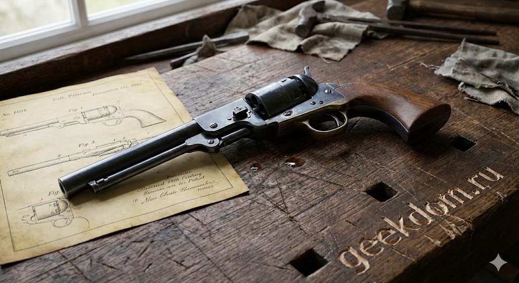 Винтажный револьвер Кольт Патерсон на деревянном столе с чертежами