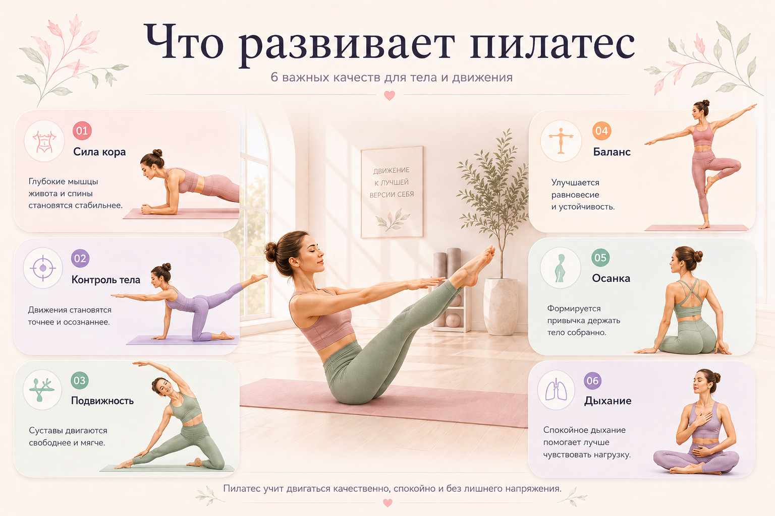 Что развивают занятия пилатесом: сила кора, контроль тела, подвижность, баланс, осанка и дыхание