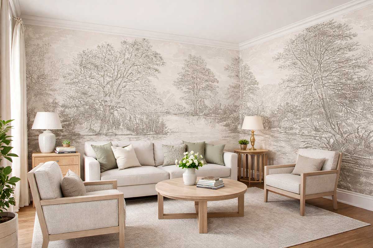 Фотообои Wallcover Дубрава в бежевом оттенке с панорамным рисунком природы — обои с деревьями и озером в интерьере светлой гостиной