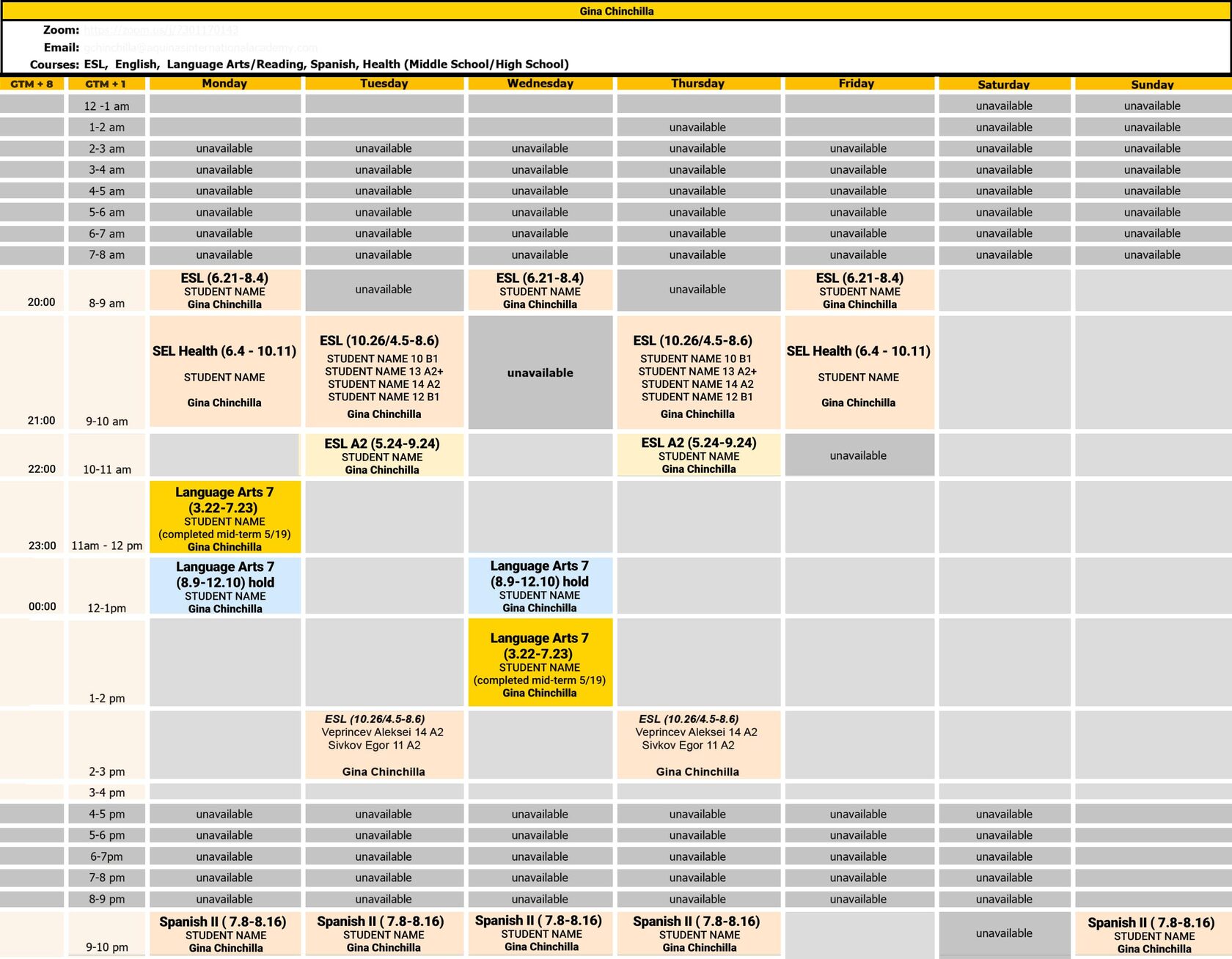 SAMPLE TIMETABLES