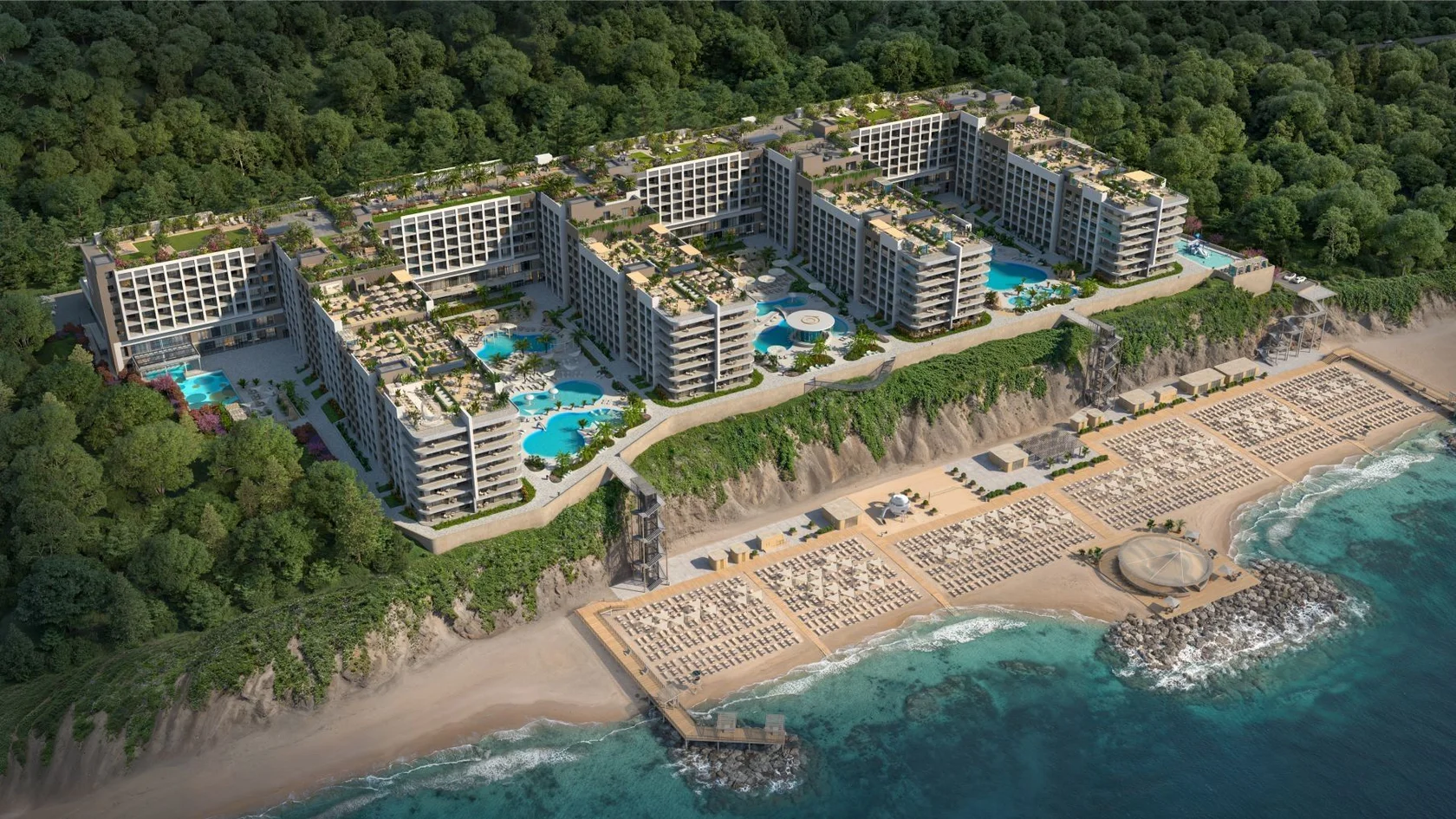 Alean Select Agoy: панорама территории, бассейнов и пляжа — визуализация проекта
