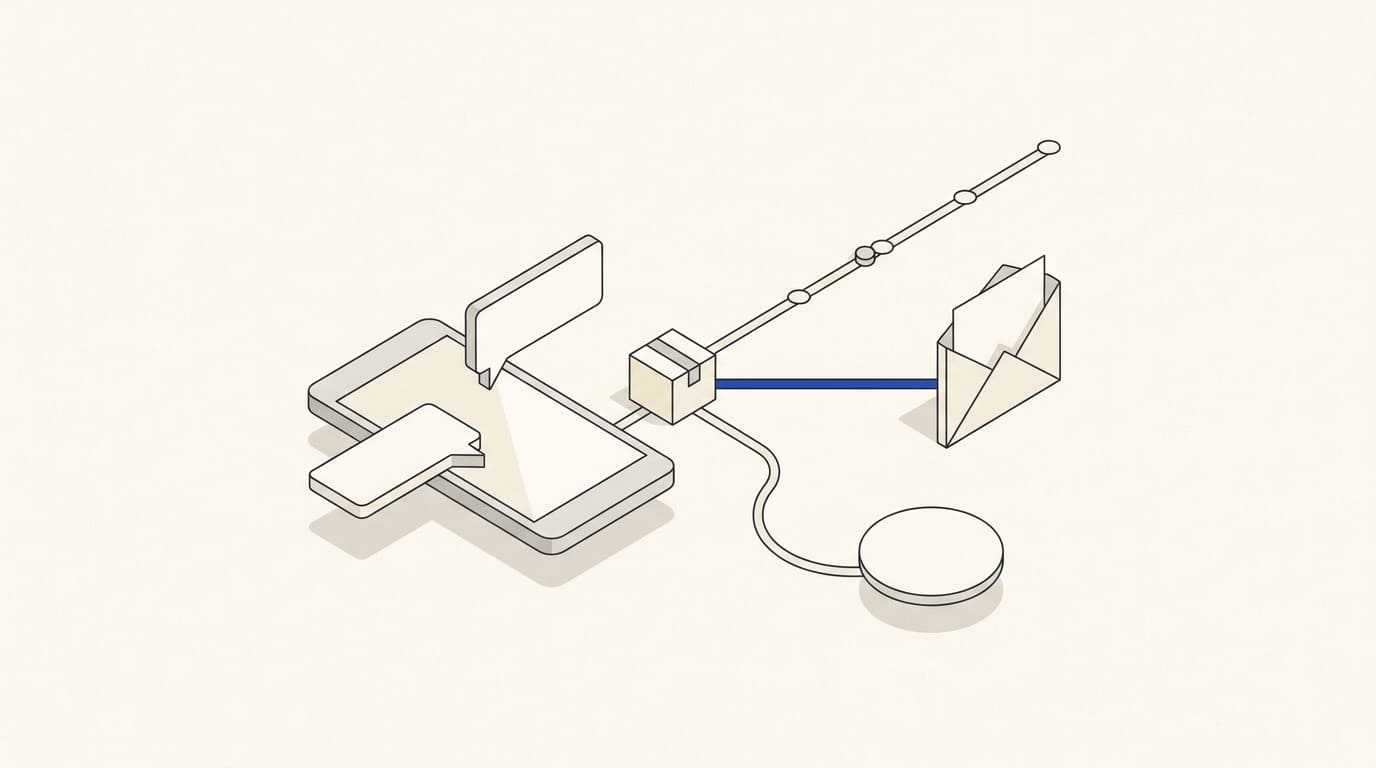 A parcel connects to a phone conversation frame, status track, document pocket and separate support bubble.