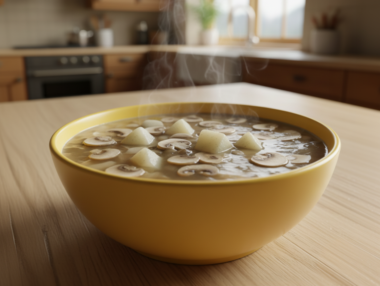 Тарелка грибного супа с ломтиками шампиньонов и картофелем.