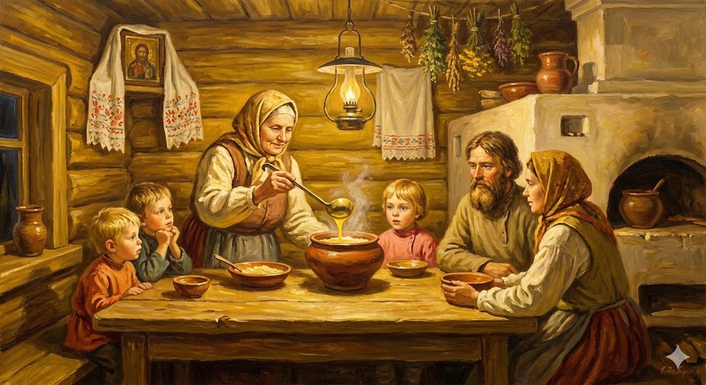 Приготовление щедрой кутьи на Васильев вечер в крестьянской семье XIX века.