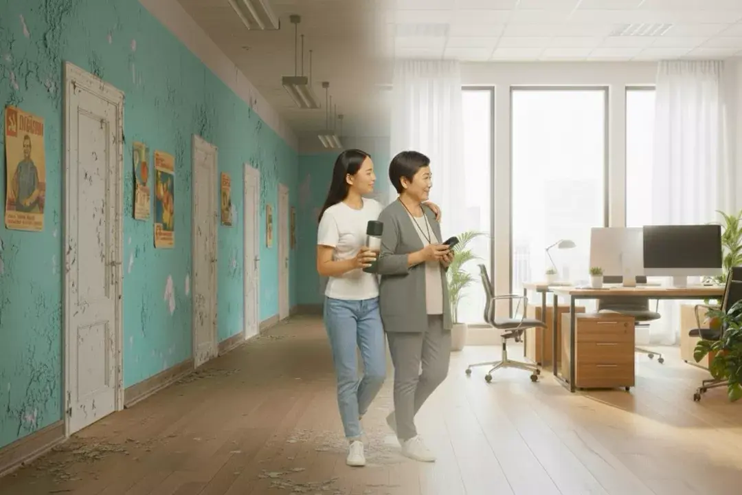 Дочка ведет маму из старой советской поликлиники в современный шоурум WebWellness в Алматы