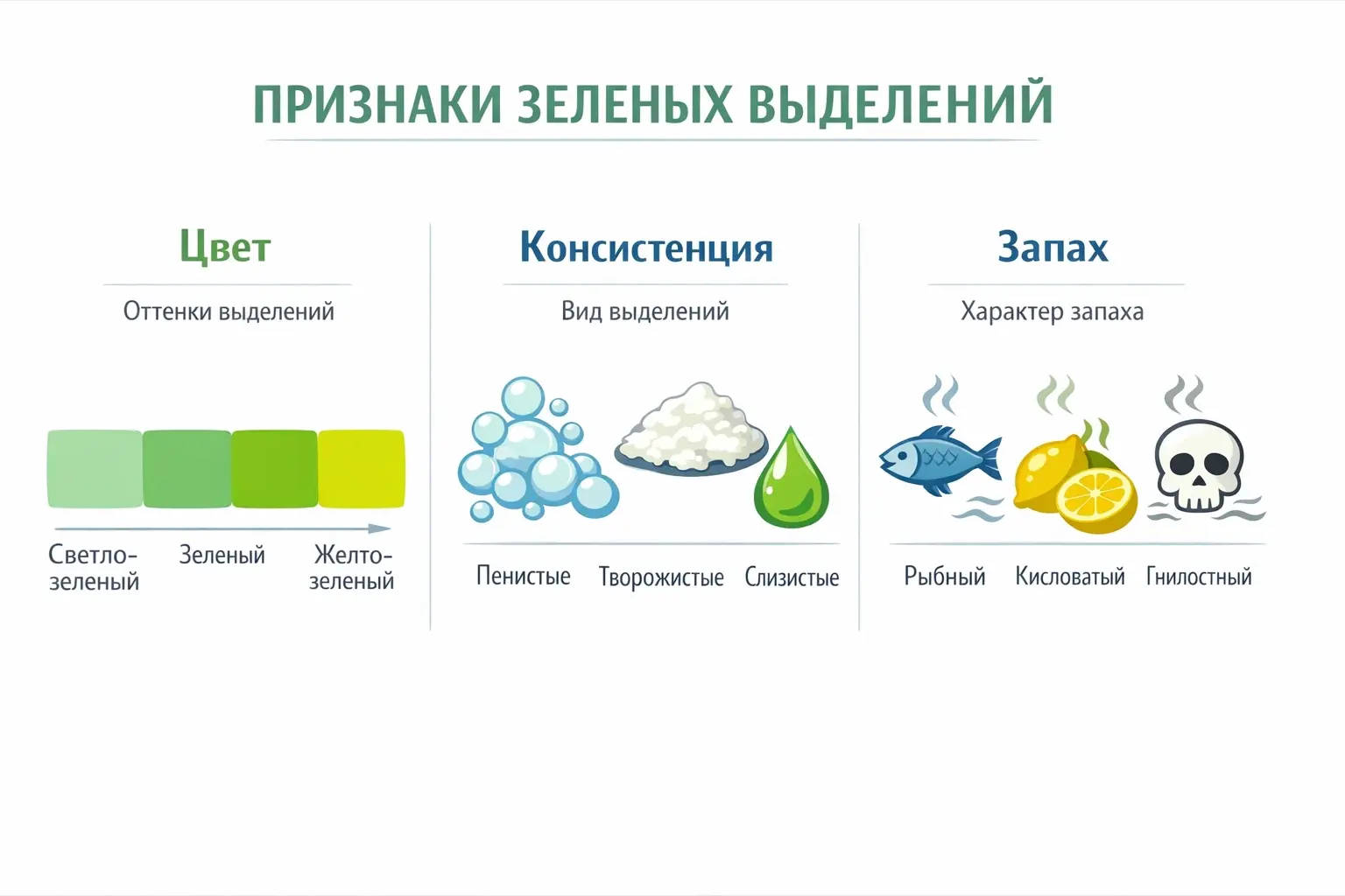 Инфографика: как определить причину зеленых выделений по их цвету, запаху и консистенции.