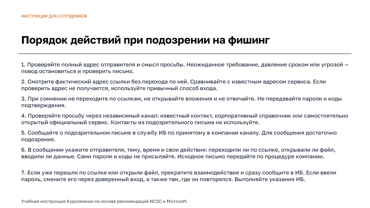 Исходный слайд с семью пунктами регламента по фишингу
