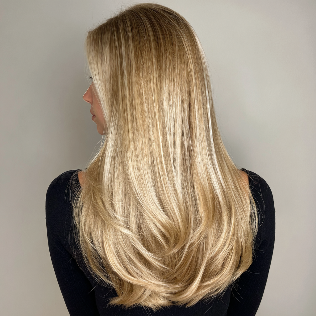 Пепельный блонд на длинных волосах без выраженной желтизны