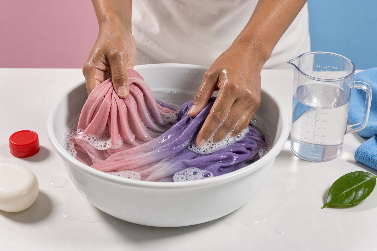 Hands soaking a delicate garment in a basin with gentle soap suds and a measuring cup of water nearby