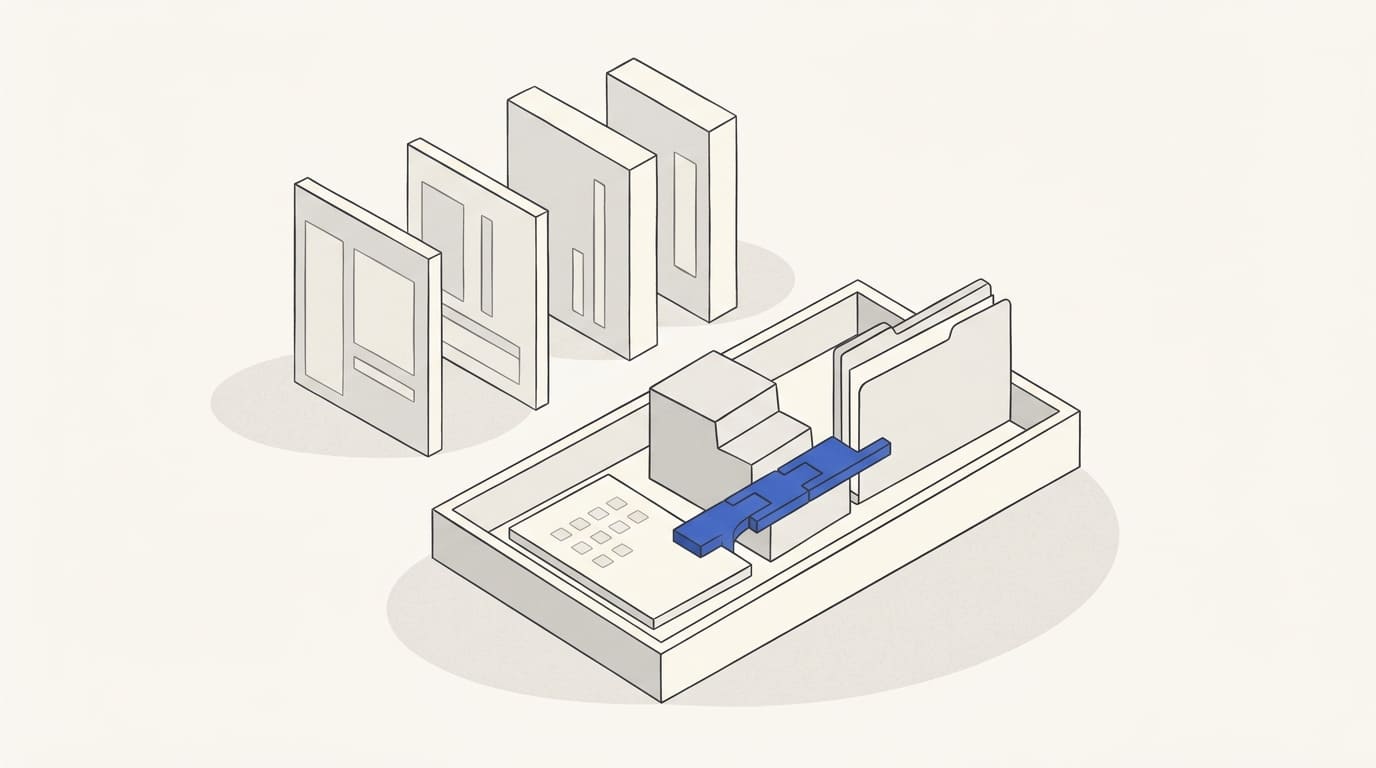 Three similar offers behind a tray combining a task, process and evidence folder into a panel.